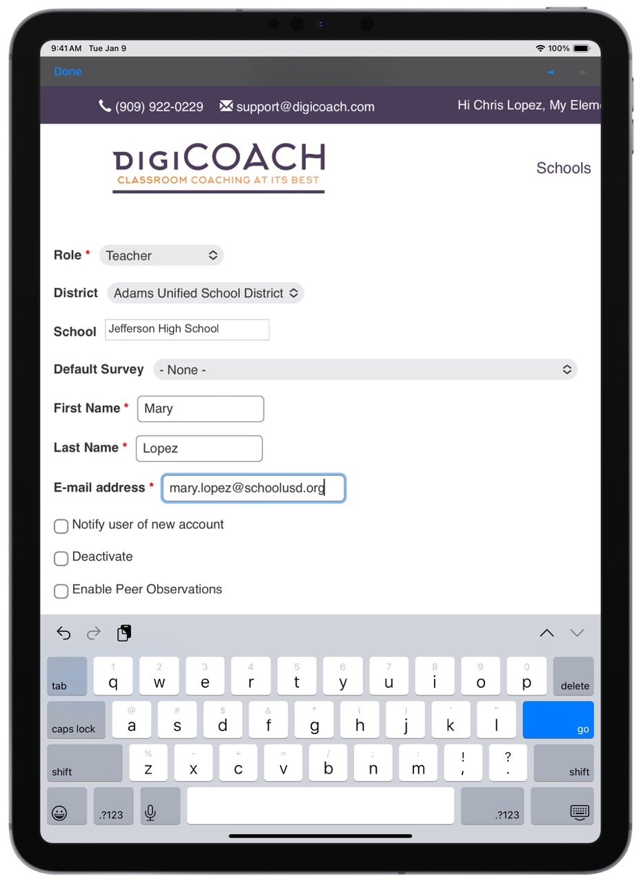 Screenshot of the process to add a new teacher to digiCOACH